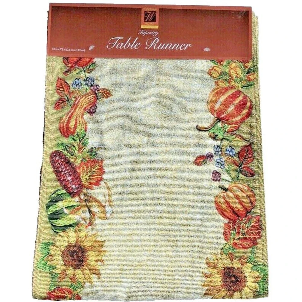Thanksgiving Table Runner Sunflower Pumpkin Leaves Tapestry Stunning 13x72